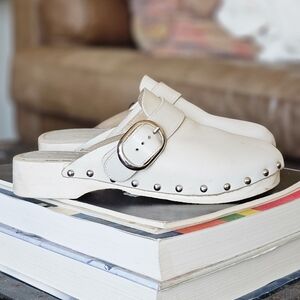 Mango Cream Leather Studded Clog Mules with Buckle